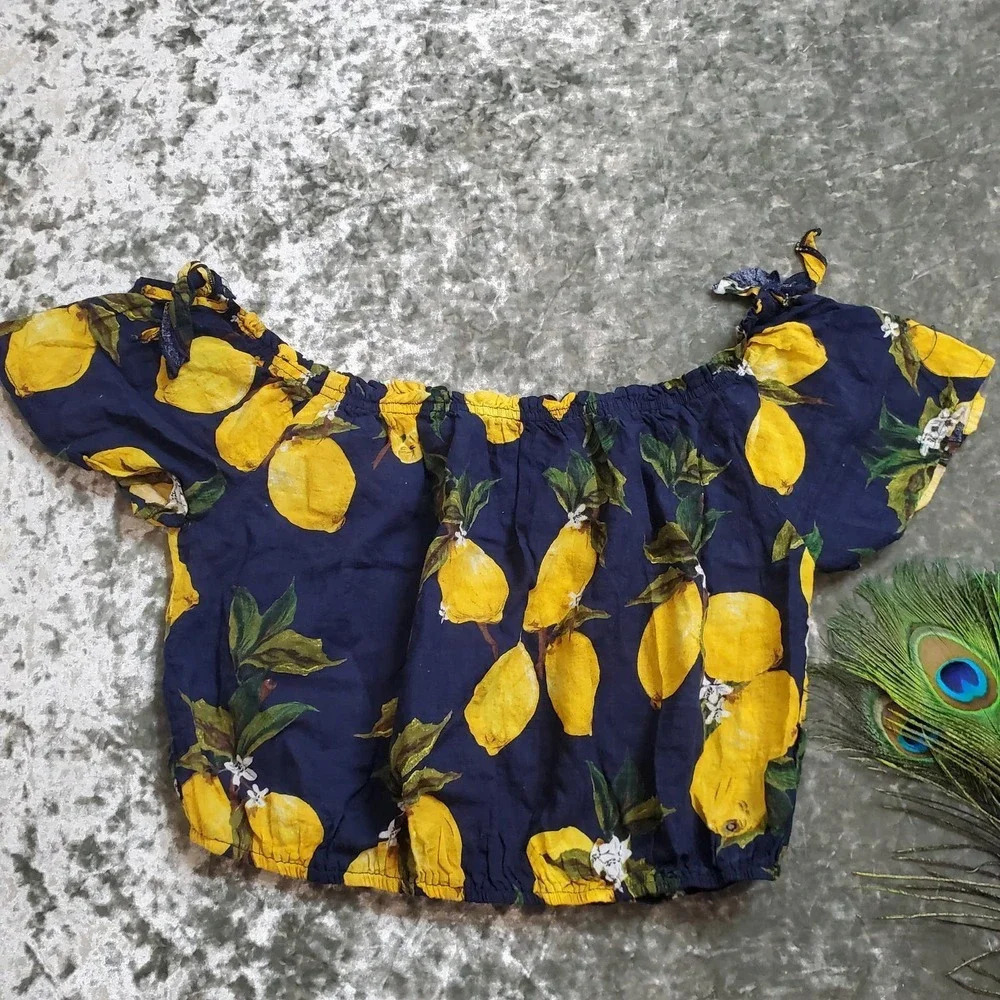 Blush Lemon Print Off The Should Crop Top
